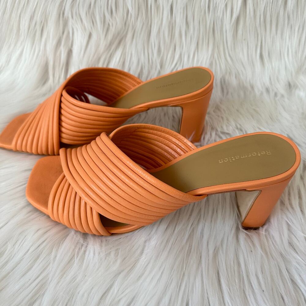 REFORMATION Lila Tubular Heeled Leather Sandals Mules Square Toe Block Heels - Picture 6 of 15